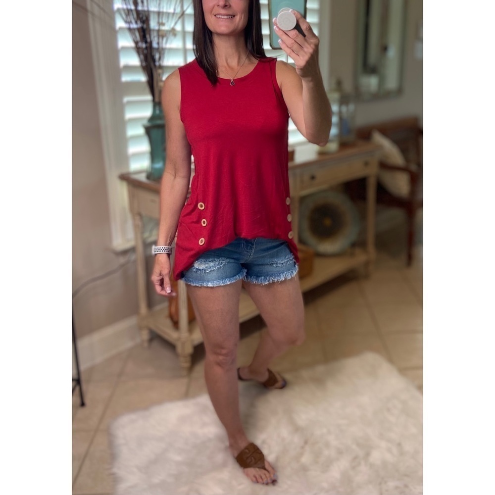 Round Neck Tunic Sleeveless Button Floaty Summer Tank Red 1721